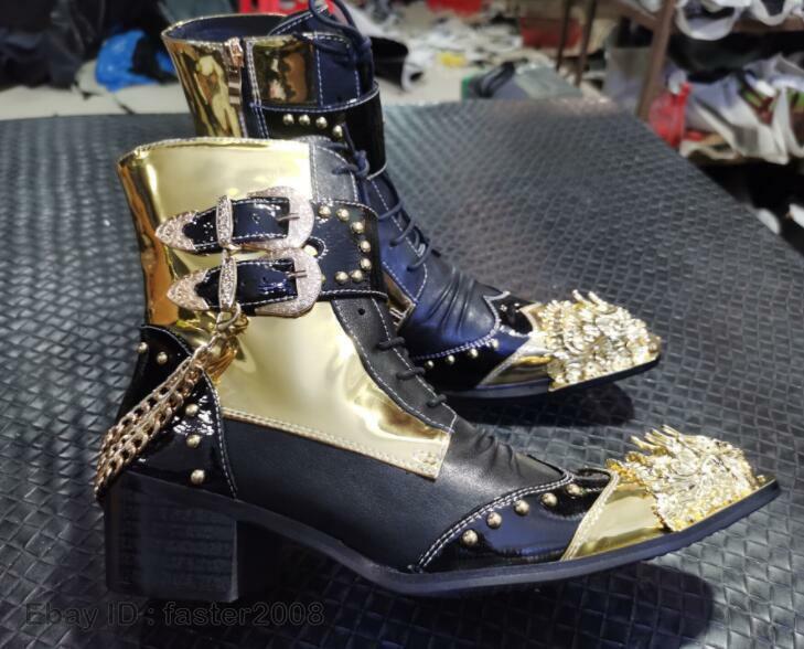 Men's Fashion Metal Head Pointy Toe Punk Rock Rivet Lace Up Party Ankle Boot