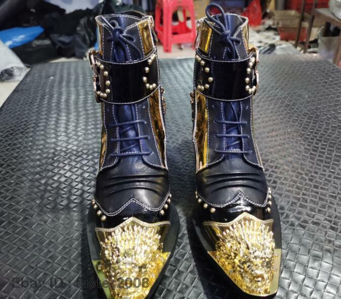 Men's Fashion Metal Head Pointy Toe Punk Rock Rivet Lace Up Party Ankle Boot