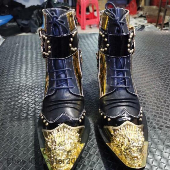 Men's Fashion Metal Head Pointy Toe Punk Rock Rivet Lace Up Party Ankle Boot