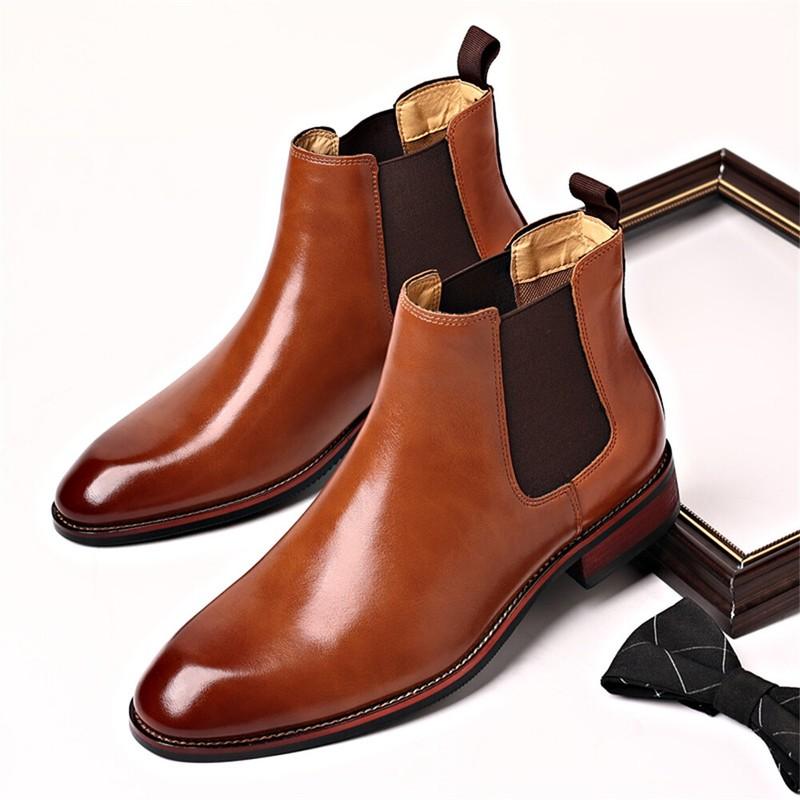Men's Leather Chelsea Dress Boots - Slip On Fashion Ankle Business Work Boot