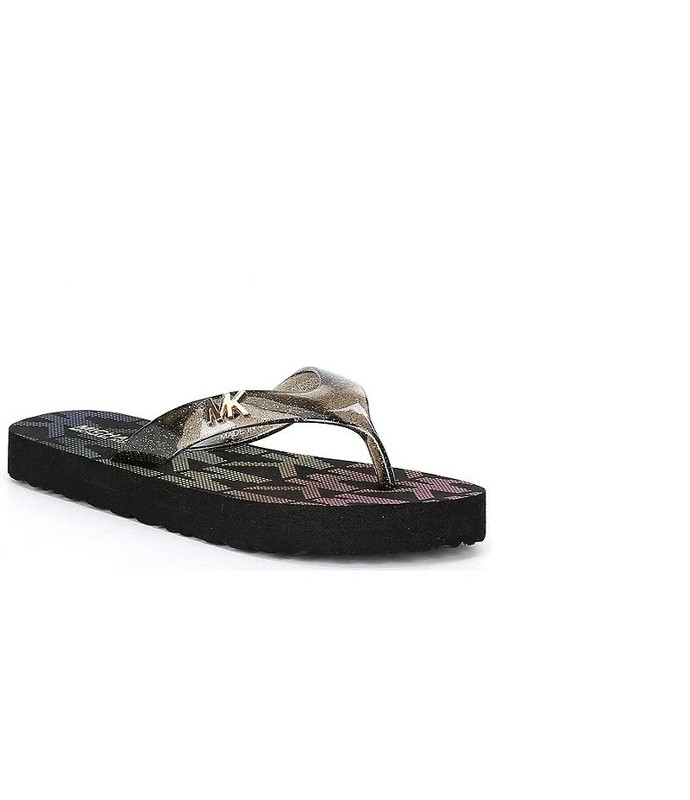 Michael Kors Girls Endine Oversized MK Logo Flip Flops Black/Rainbow