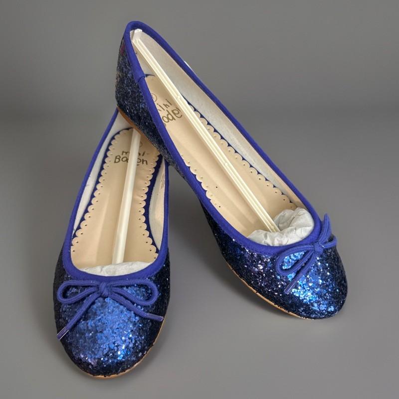Mini Boden Girls Shoes Sz 37 (6??) Blue Glitter Ballet Flats Bows Slip On NIB
