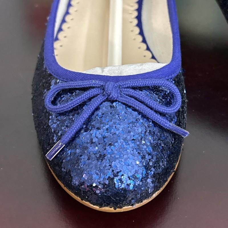 Mini Boden Girls Shoes Sz 37 (6??) Blue Glitter Ballet Flats Bows Slip On NIB