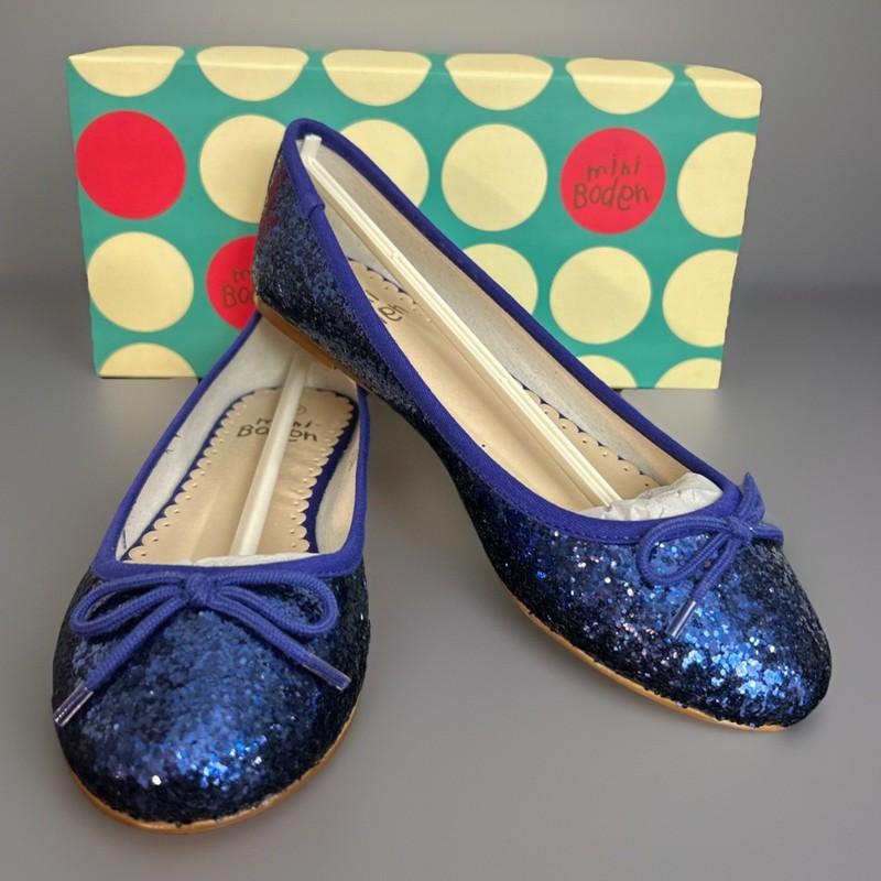 Mini Boden Girls Shoes Sz 37 (6??) Blue Glitter Ballet Flats Bows Slip On NIB