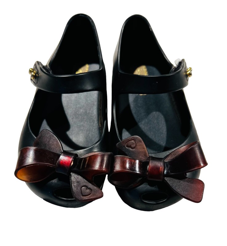Mini Melissa Sz 6 Brown Bow Black Shoes Girls Church UltraGirl Peep Toe Dressy