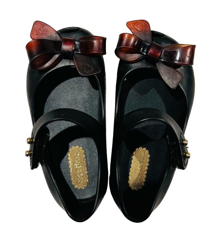 Mini Melissa Sz 6 Brown Bow Black Shoes Girls Church UltraGirl Peep Toe Dressy