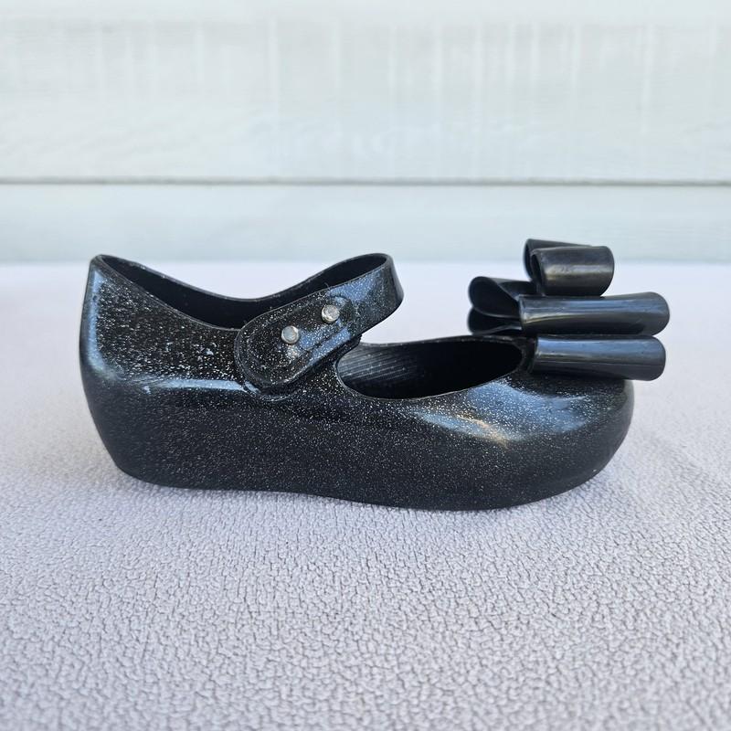 Mini Melissa Ultragirl Black Sparkle Bow Mary Jane Jelly Flats SZ 8 Hook & Loop