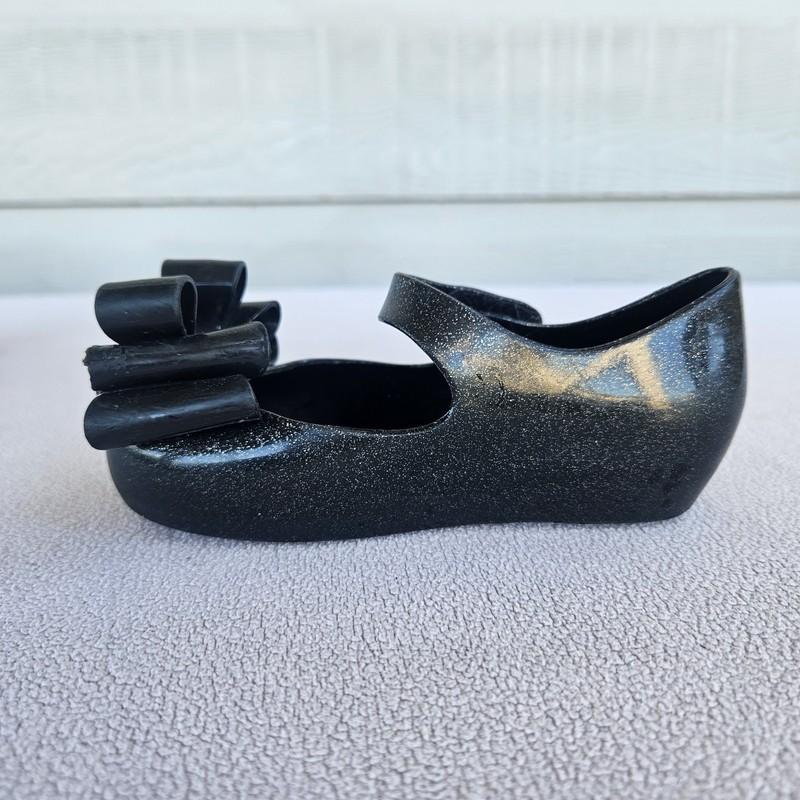 Mini Melissa Ultragirl Black Sparkle Bow Mary Jane Jelly Flats SZ 8 Hook & Loop