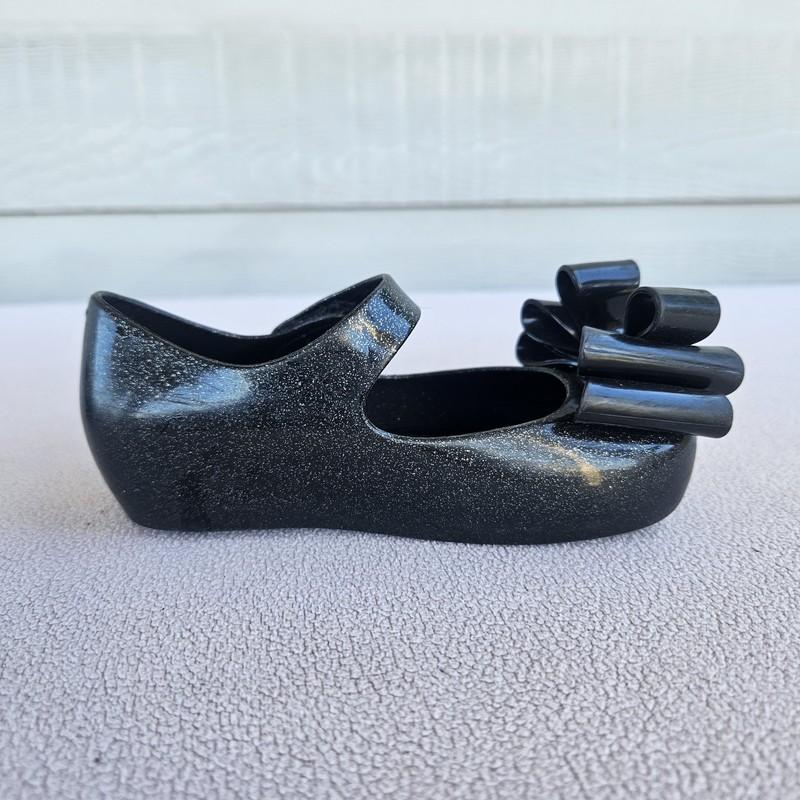 Mini Melissa Ultragirl Black Sparkle Bow Mary Jane Jelly Flats SZ 8 Hook & Loop
