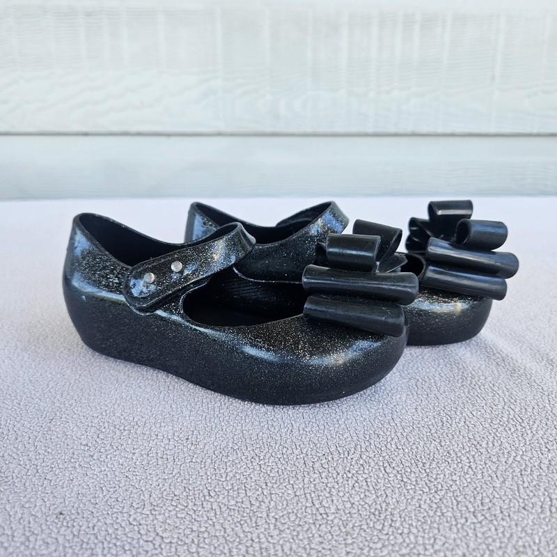 Mini Melissa Ultragirl Black Sparkle Bow Mary Jane Jelly Flats SZ 8 Hook & Loop