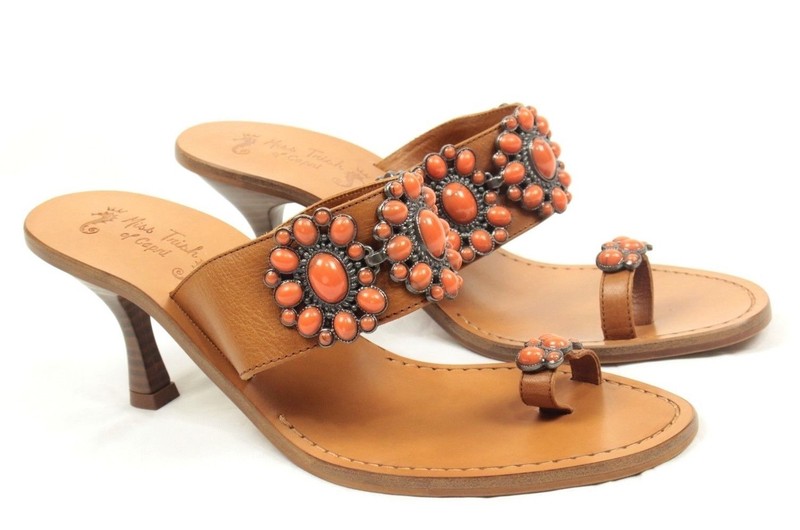 Miss Trish Of Capri Concha Heel Coral Brown Sandal European Leather Retail $100
