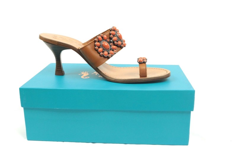 Miss Trish Of Capri Concha Heel Coral Brown Sandal European Leather Retail $100