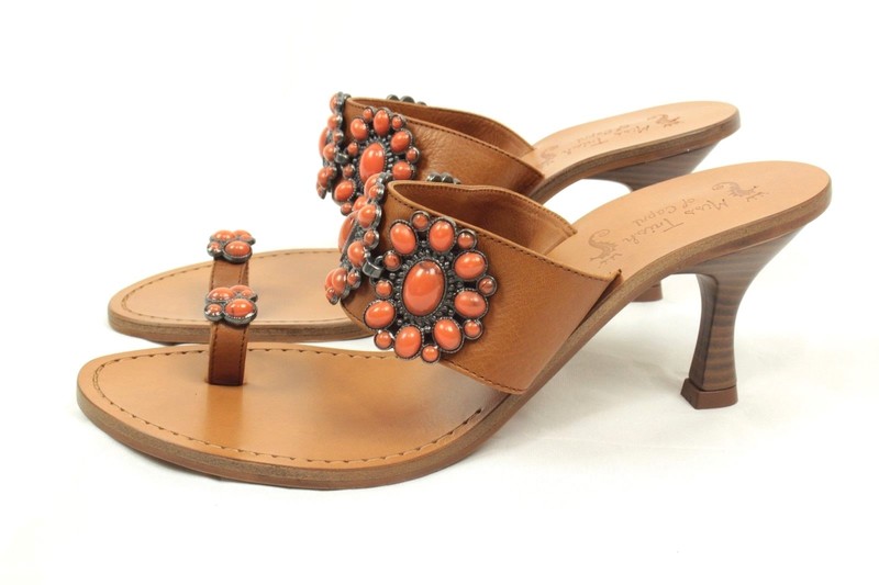 Miss Trish Of Capri Concha Heel Coral Brown Sandal European Leather Retail $100