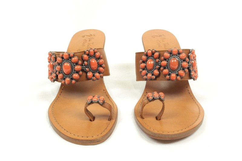 Miss Trish of Capri Concha Heel Coral Brown Sandal European Leather Retail $100