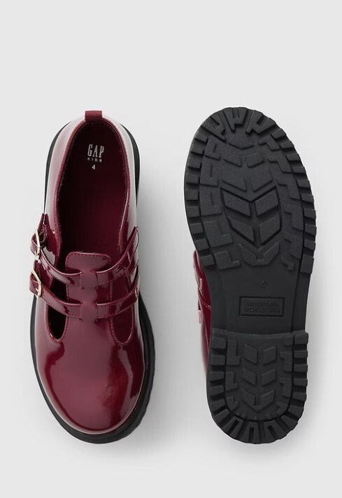 New Gap Kids Girl Double T-strap Loafer Burgundy Red 11 12 13 1 2 3 Shiny