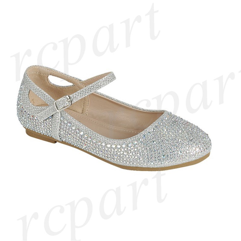 New girl's kids buckle closure flower girl dress shoes jewel mary jane silver