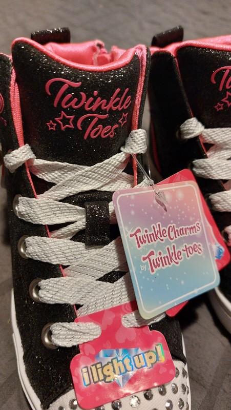 New Girls Skechers Twinkle Toes Light Up Charm Bestie Black High Top Shoes -5351