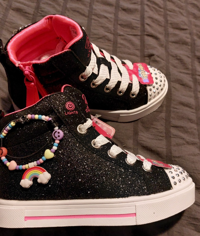 New Girls Skechers Twinkle Toes Light Up Charm Bestie Black High Top Shoes -5351
