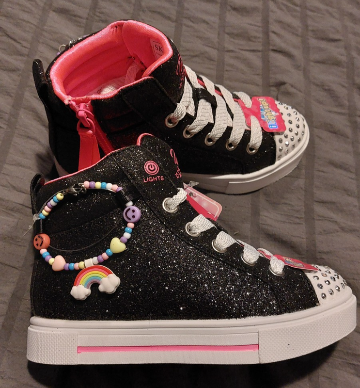 New Girls Skechers Twinkle Toes Light Up Charm Bestie Black High Top Shoes -5351