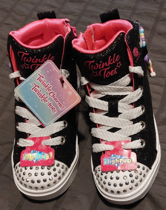New Girls Skechers Twinkle Toes Light Up Charm Bestie Black High top Shoes -5351