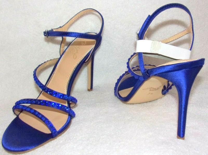 New Jewel Badgley Mischka Marimba Royal Blue Satin W Crystals Sandals 7.5 M