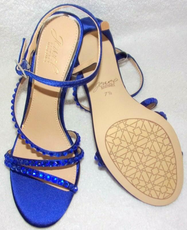 New Jewel Badgley Mischka Marimba Royal Blue Satin W Crystals Sandals 7.5 M