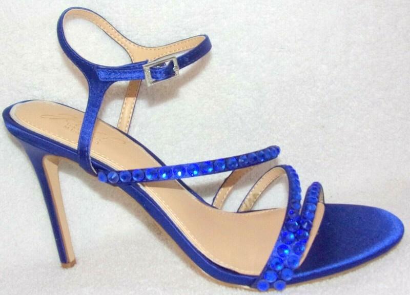 New Jewel Badgley Mischka Marimba Royal Blue Satin w Crystals Sandals 7.5 M