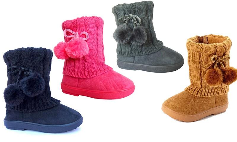 New Kids Boots Toddler Girls Pom Pom Faux Fur Suede Knitting Shoes-268