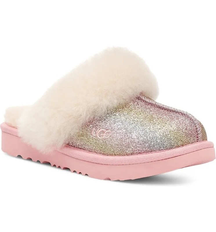 NEW Kids UGG Cozy II Glitter Water Resistant Genuine Shearling Trim Slipper