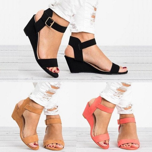New Ladies Womens Wedge Slingback Sandals Buckle Ankle Strap Peep Toe Shoes Size