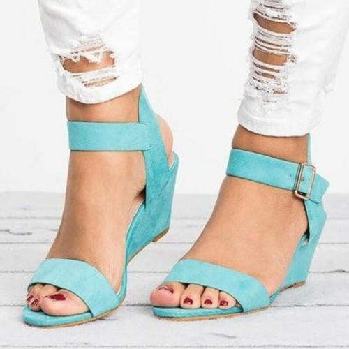 New Ladies Womens Wedge Slingback Sandals Buckle Ankle Strap Peep Toe Shoes Size