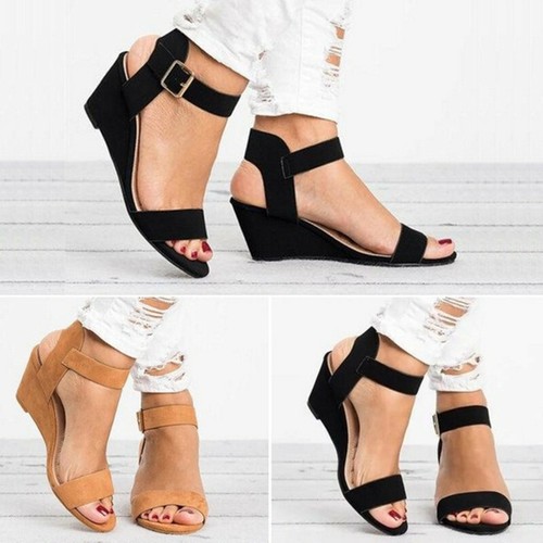New Ladies Womens Wedge Slingback Sandals Buckle Ankle Strap Peep Toe Shoes Size