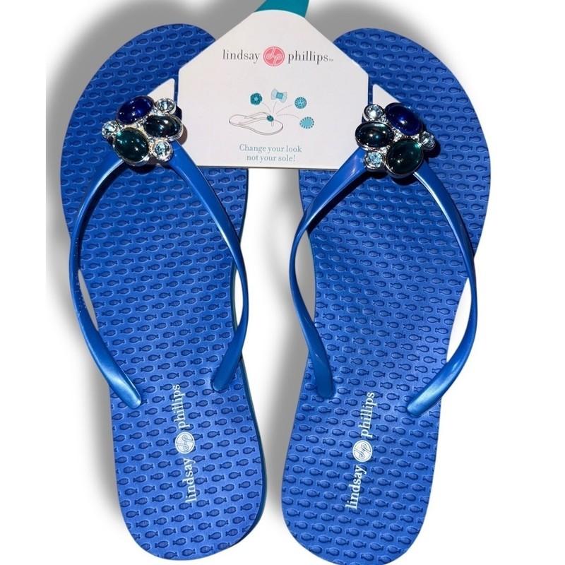 New Lindsay Phillips Embellished Flip Flops Kelli Princess Royal Blue Sz 7