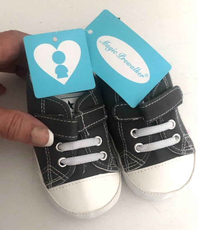 NEW MAGIC PREWALKER Sz 3 9-12 M Gray White Canvas Baby SHOE Sneaker Hook Loop