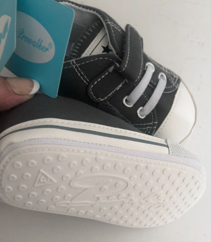 NEW MAGIC PREWALKER Sz 3 9-12 M Gray White Canvas Baby SHOE Sneaker Hook Loop