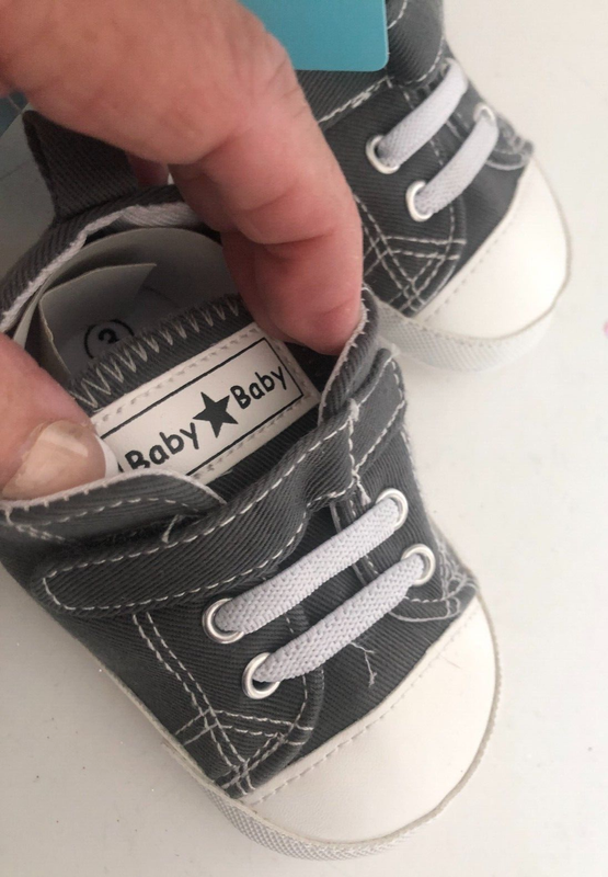 NEW MAGIC PREWALKER Sz 3 9-12 M Gray White Canvas Baby SHOE Sneaker Hook Loop