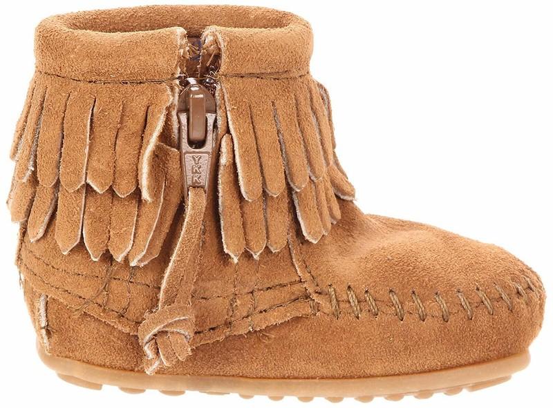 New Minnetonka Baby Double Fringe Side Zipper Taupe Suede Bootie Size US 2 M