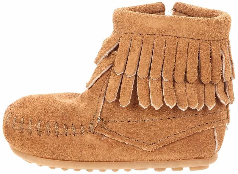 New Minnetonka Baby Double Fringe Side Zipper Taupe Suede Bootie Size US 2 M
