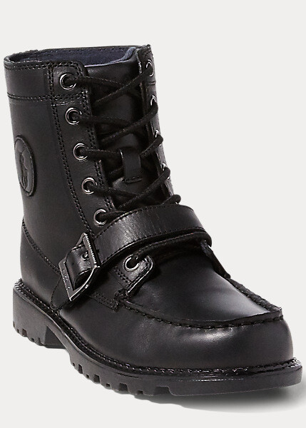 New Polo Ralph Lauren Black Leather Ranger Hi II Kids Boots Shoes