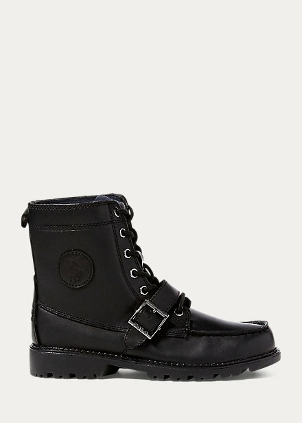New Polo Ralph Lauren Black Leather Ranger Hi II Kids Boots Shoes