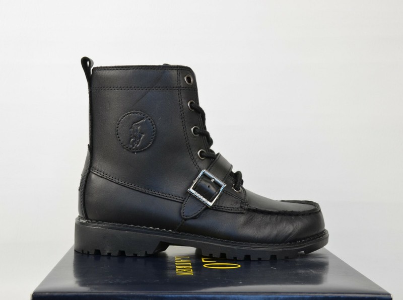 New Polo Ralph Lauren Black Leather Ranger Hi II Kids Boots Shoes