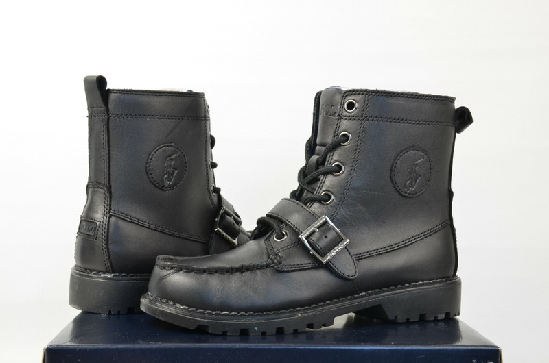 New Polo Ralph Lauren Black Leather Ranger Hi II Kids Boots Shoes