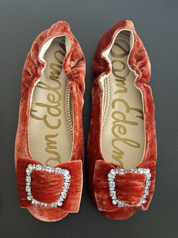 NEW SAM EDELMAN Farah Girls Sz 4 Copper Velour Ballet Flats BOW SPARKLING BUCKLE
