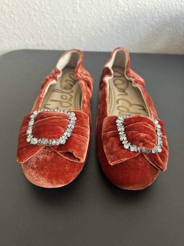 NEW SAM EDELMAN Farah Girls Sz 4 Copper Velour Ballet Flats BOW SPARKLING BUCKLE