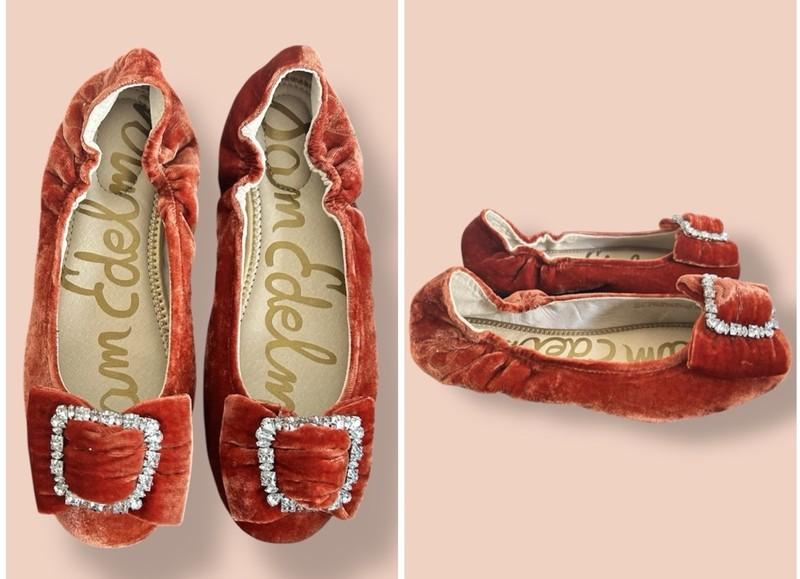 NEW SAM EDELMAN Farah Girls Sz 4 Copper Velour Ballet Flats BOW SPARKLING BUCKLE