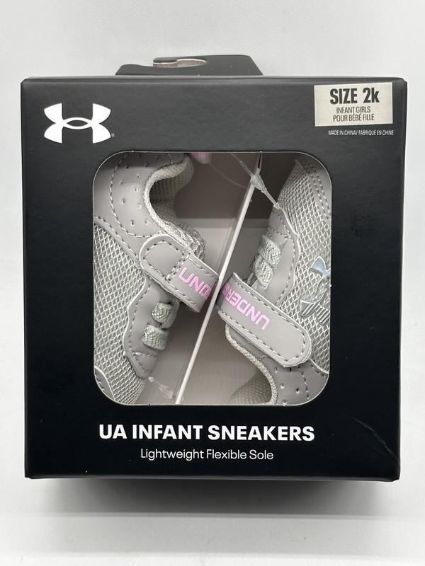 NEW UNDER ARMOUR UA INFANT SNEAKERS LIGHT WEIGHT FLEXIBLE SOLE GILR SIZE 2K SILV