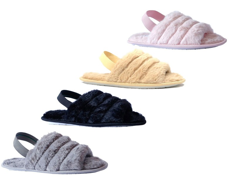 New Women and Girls Faux Fur Slide Open Toe with Elastic Band Fur Sandals