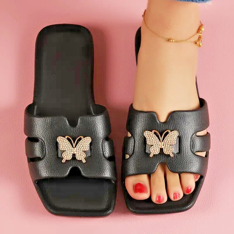 New Women Butterfly Accent Flat Slides - Lightweight Summer Sandals For Casual