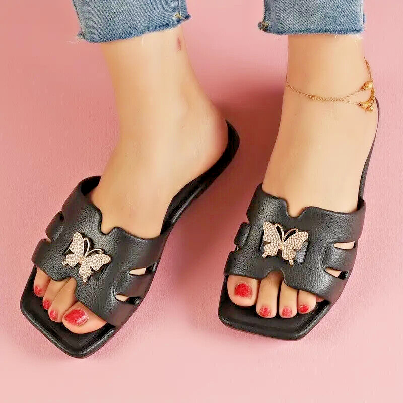 New Women Butterfly Accent Flat Slides - Lightweight Summer Sandals for Casual