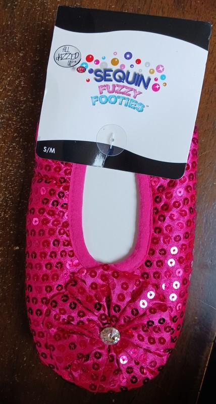 New Women's Sequin Footies Slippers Slip-Resistant Soles Fuschia- Small/Medium